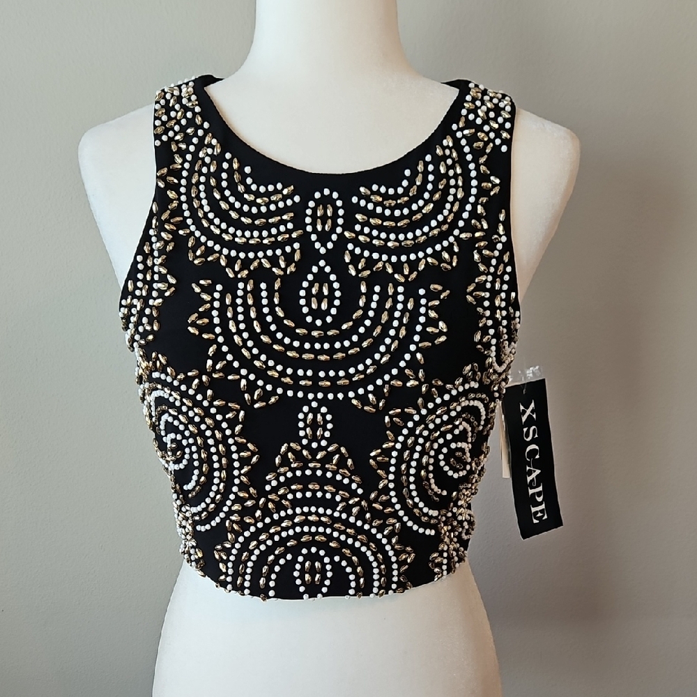 Xscape Black and Gold Beaded Crop Top Beaded Sequin Sleeveless Rear Zipper